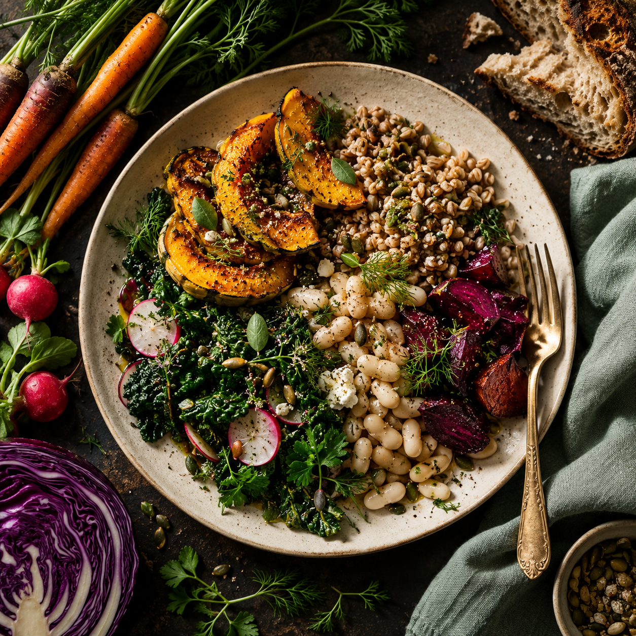 A colorful seasonal meal of roasted squash, grains, beans, beets, and greens, surrounded by fresh produce.